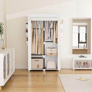 Guardaroba in tessuto con 2 aste appendiabiti e ripiani