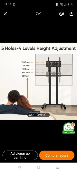 Suporte de TV com Rodas Preto