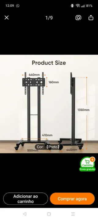 Suporte de TV com Rodas Preto
