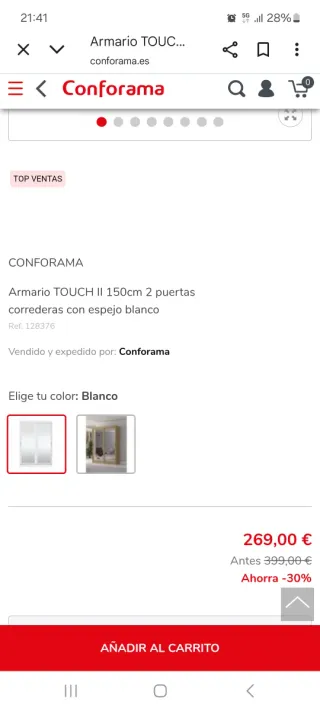 Armario blanco 2 puertas con espejos