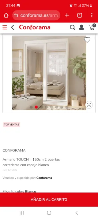 Armario blanco 2 puertas con espejos