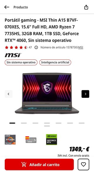 Portátil Gaming MSI Thin A15 B7VF-070XES