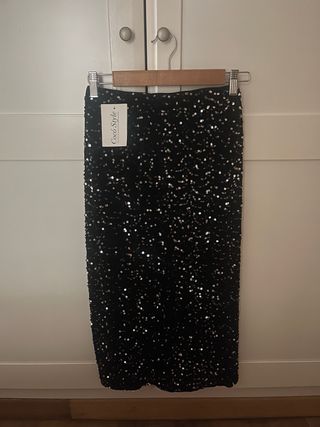 Falda Larga Lentejuelas Negra y Plateada