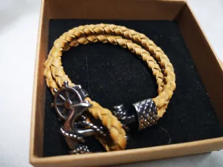 Pulsera Piel Trenzada Náutica Ancla Rueda