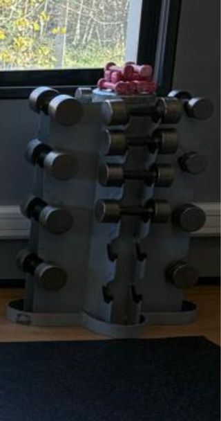 Soporte mancuernas con mancuernas rosas