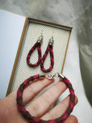 Conjunto Piel Trenzada Pulsera y Pendientes