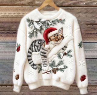 Maglione natalizio da donna/uomo Babbo Natale con gatto
