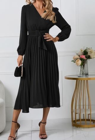 Vestido Elegante Mujer Plisado Manga Larga