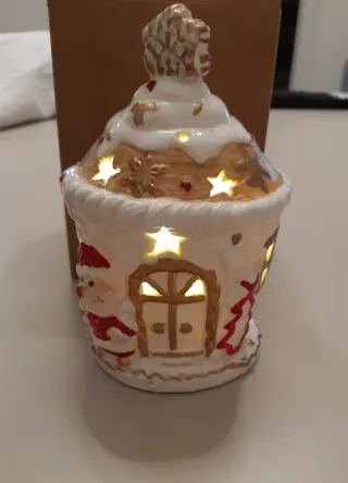 Decorazione Natalizia LED Casa Ceramica Oro Bianco