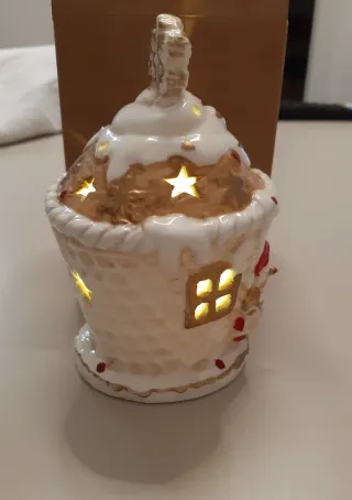 Decorazione Natalizia LED Casa Ceramica Oro Bianco