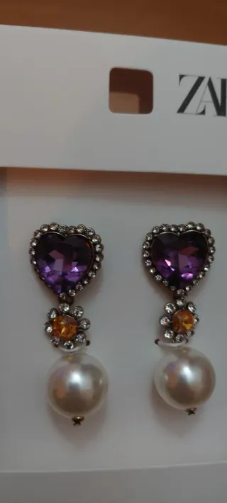 Pendientes Zara Corazón Morado Pedrería