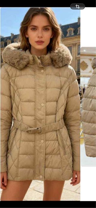 Casaco bege com capuz e cinto