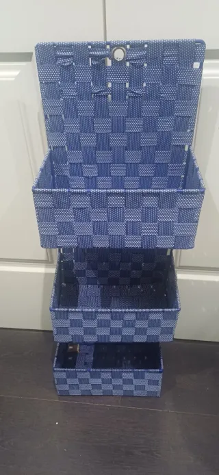 Scaffale a Parete Tessuto Blu e Bianco