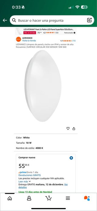 Plafón LED LEDVANCE IP44 35cm especial para Baño