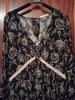 Vestido largo estampado floral negro y beige