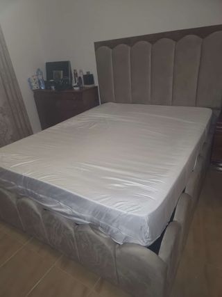 Cama tapizada terciopelo azul y roja