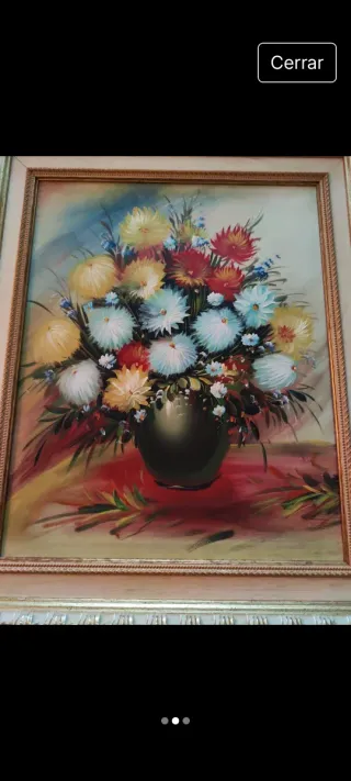 Óleo Vintage Flores Marco Dorado