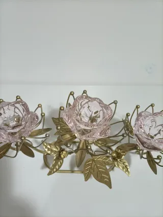 Pareja Candelabros Cristal Rosa y Dorado