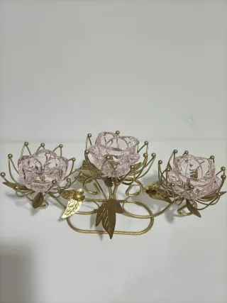 Pareja Candelabros Cristal Rosa y Dorado