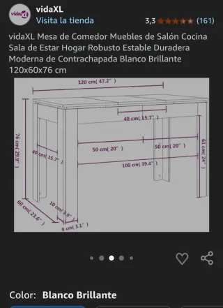 Mesa Comedor Blanca 120x60 cm Nueva