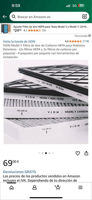 Filtro Aire VION Model Y HEPA Carbono