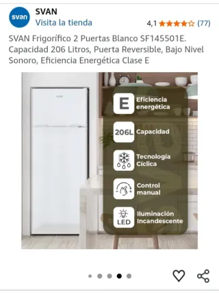 Nevera Svan Blanca, dos puertas.144cm altura