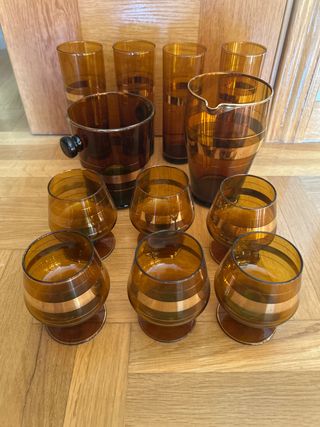 Juego copas coñac cubitera coctelera vasos ámbar