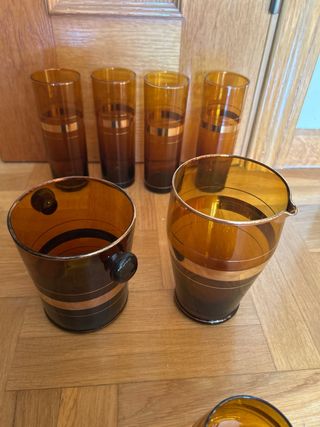 Juego copas coñac cubitera coctelera vasos ámbar