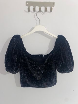 Top fiesta brillos terciopelo negro dorado