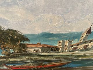 Pintura al óleo paisaje marino con barcas