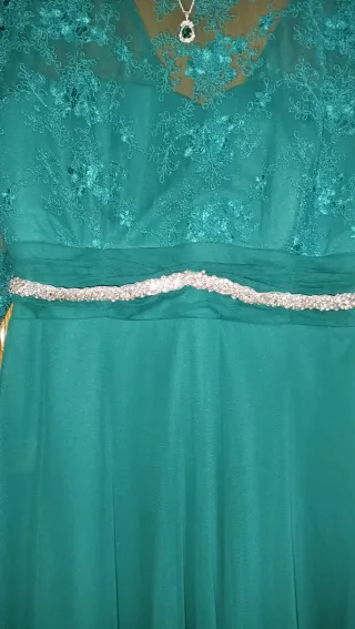 Vestido largo encaje verde azulado