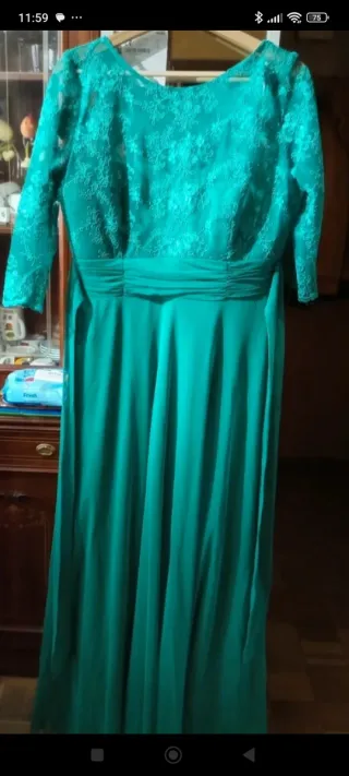 Vestido largo encaje verde azulado