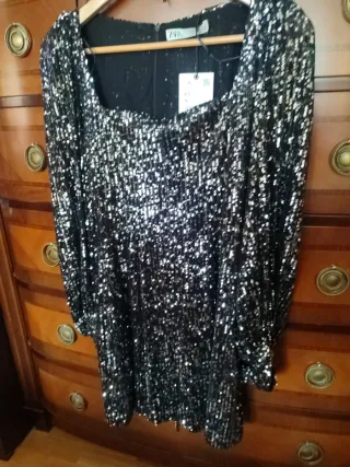 Vestido lentejuelas Zara fiesta negro/plata XS