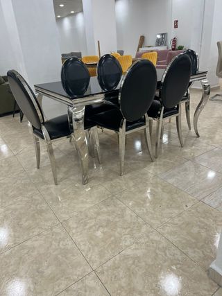 Mesa Comedor Cristal Negra y 6 Sillas