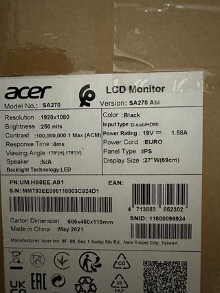Monitor Acer 27 SA0 Series