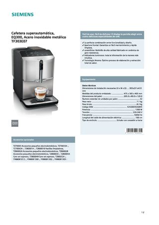 Cafetera Siemens EQ300 Acero Inox Nueva