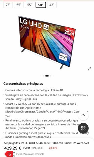 TV LG UHD AI 4K 50 Serie UT80 Smart TV