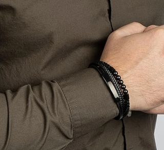 Pulsera Hombre Cuero Trenzado Cuentas Negra