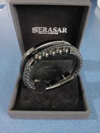 Pulsera Hombre Cuero Trenzado Cuentas Negra
