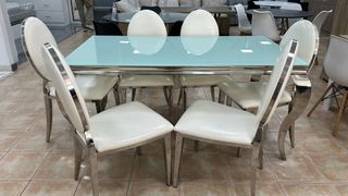 Comedor Mesa + 6 Sillas Lujo Blanco/Plata