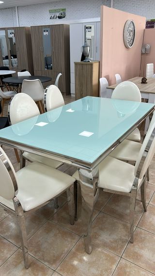 Comedor Mesa + 6 Sillas Lujo Blanco/Plata