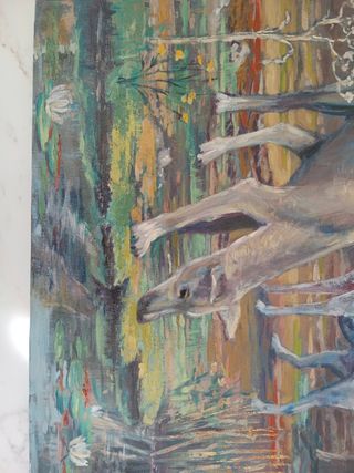 Quadro dipinto con pittura acrilica e olio su tela con telaio in legno di 1,5 cm. Finito con vernice per quadri. Formato 50x40 cm. Prezzo 150€.