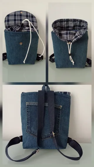 Mochila confeccionada en tela fallera y vaquera.