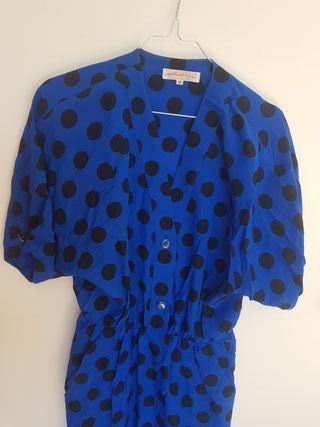 Vestido largo azul con lunares negros para mujer