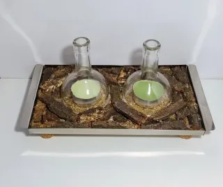 Doppio portacandele in vetro e metallo