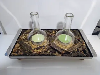 Doppio portacandele in vetro e metallo