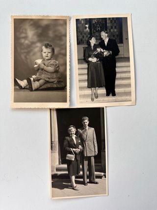 Lotto di 35 vecchie foto e scatola di sigari