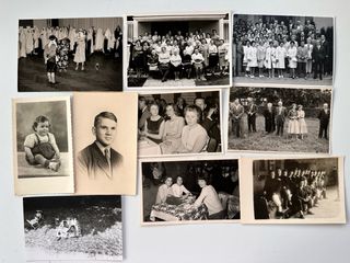 Lotto di 35 vecchie foto e scatola di sigari