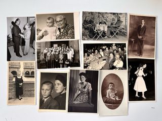 Lotto di 35 vecchie foto e scatola di sigari