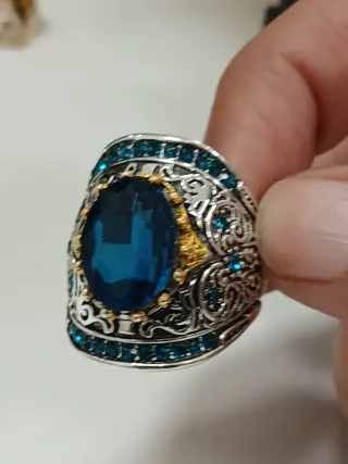 Anel Banhado a Prata Ornamental Azul